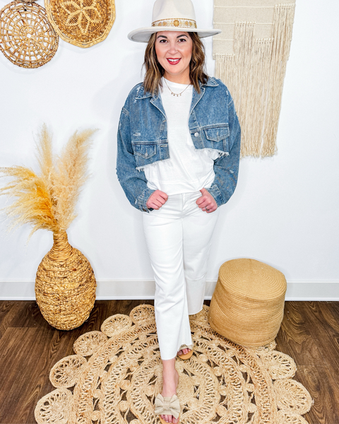 Lainey Cropped Distressed Denim Jacket