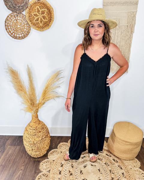 Freya Frayed Hem Gauze Jumpsuit (Black)