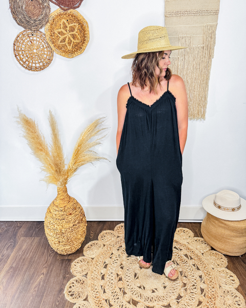 Freya Frayed Hem Gauze Jumpsuit (Black)