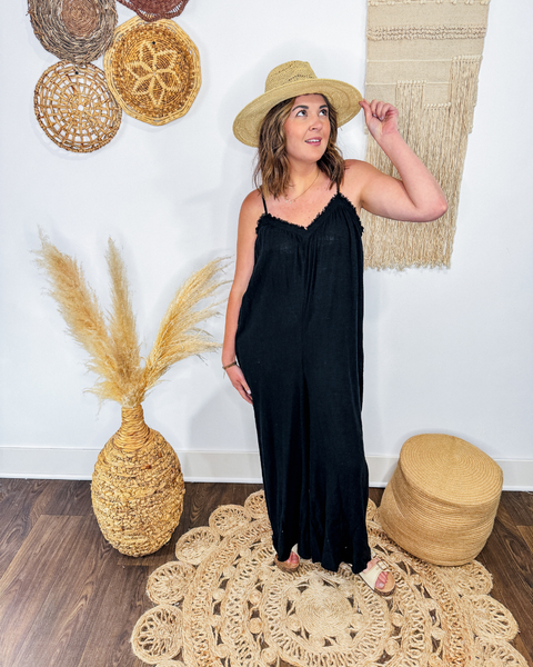 Freya Frayed Hem Gauze Jumpsuit (Black)