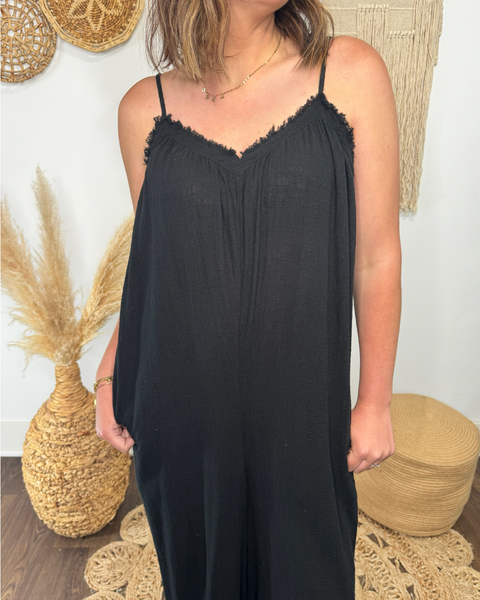 Freya Frayed Hem Gauze Jumpsuit (Black)