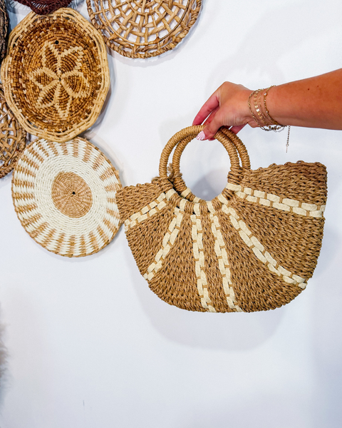 Striped Straw Weave Round Rope Handle Tote Bag: KH