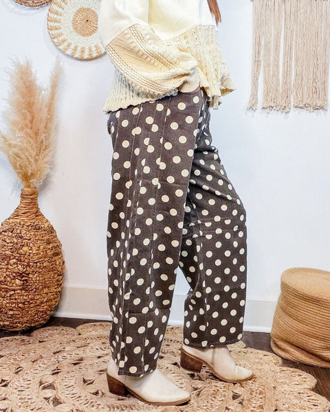 Washed Polka Dot Drawstring Waist Barrel Leg Pants