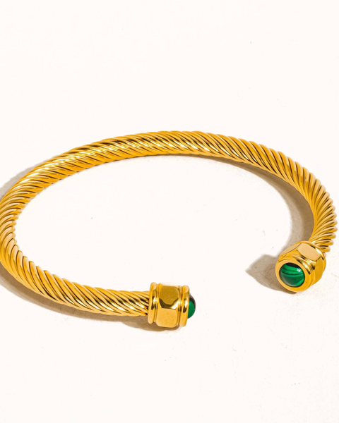 Vail 18K Gold Non-Tarnish Stone Braided Bangle: Green/Gold