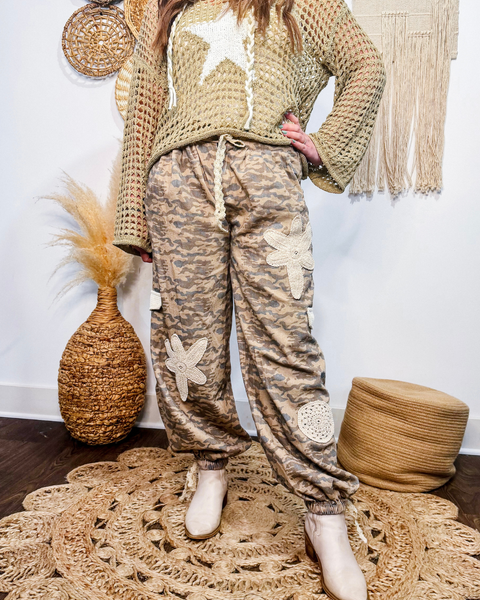Camo + Crochet Pants