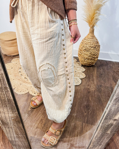 Studded Gauze Joggers (Natural)