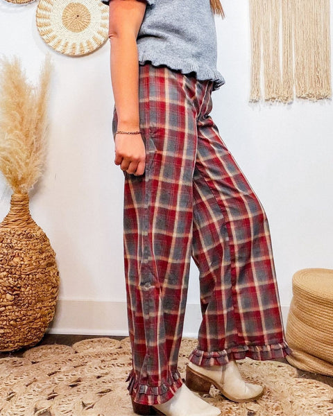 Sweet Autumn Ruffle Plaid Pants