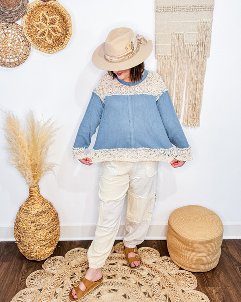 Waffle + Crochet Top (Blue)