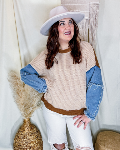 Catch You Later Denim Sleeve Sweater (Taupe)
