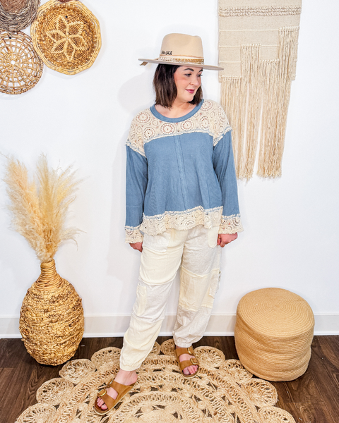 Waffle + Crochet Top (Blue)