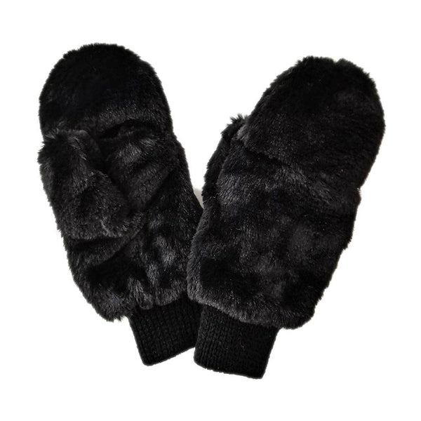Solid Faux Fur Open Up Mitten Gloves (Black)