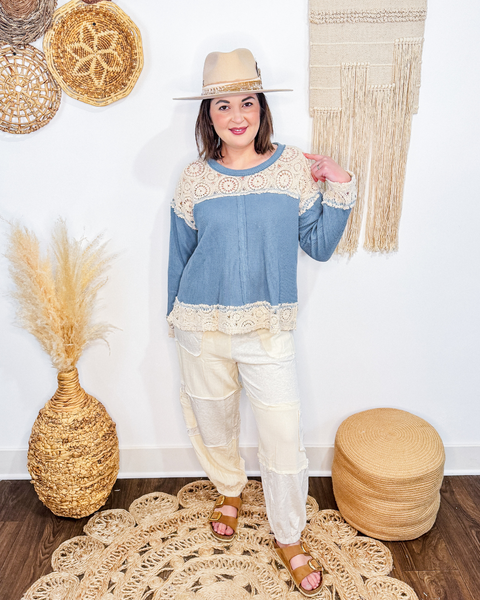 Waffle + Crochet Top (Blue)