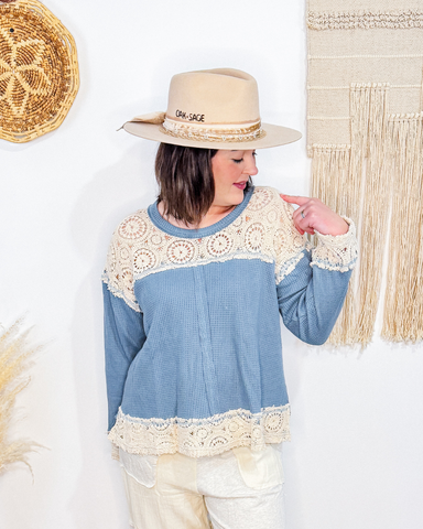 Waffle + Crochet Top (Blue)