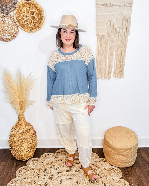 Waffle + Crochet Top (Blue)