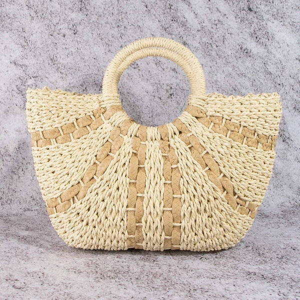 Striped Straw Weave Round Rope Handle Tote Bag: BEI
