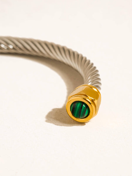 Vail 18K Gold Non-Tarnish Stone Braided Bangle: Green/Silver