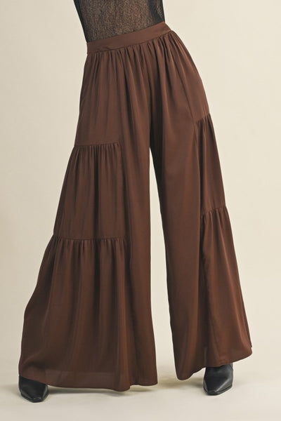Cocoa Glow Side Ruffle Silky Pants (Dark Oak)