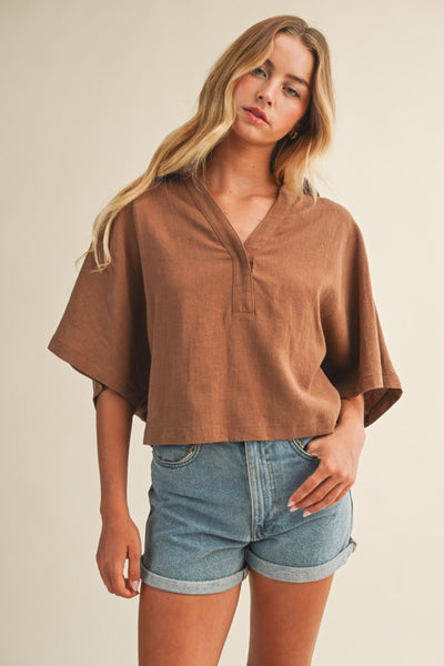Cabana Linen Popover Collar Top (Rattan)