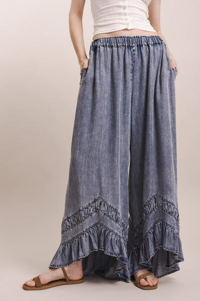 Asymmetrical Wide Leg Ruffle Pants