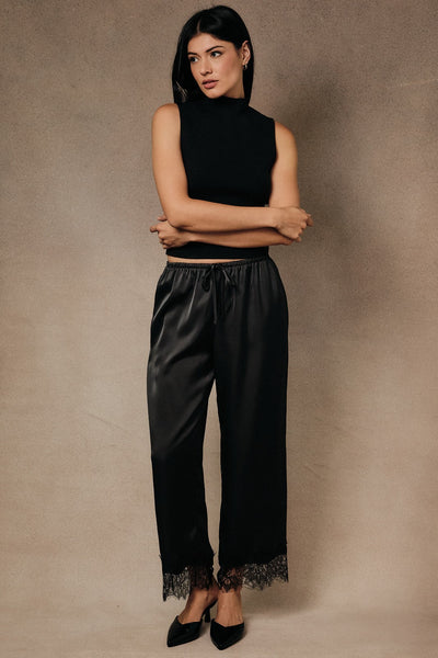 Lace Aplique Hem Satin Pants (Black)