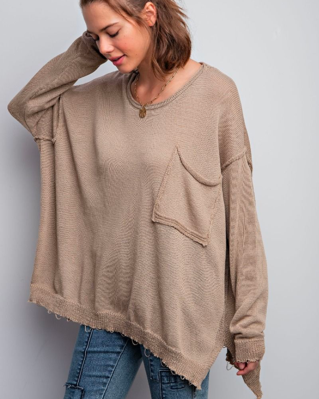 Easel Distressed Oversized Sweater (Olive Grey)