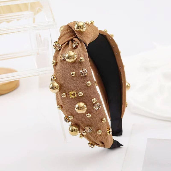 Multi Gold Ball  Rhinestone Knot Headband | OFF WHITE