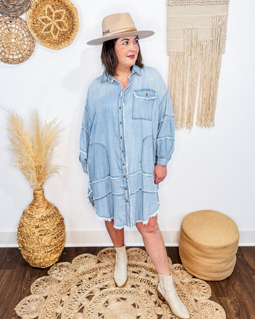 Frayed Edge Oversized Denim Dress Oak + Sage Frayed Edge Oversized Denim Dress Oak + Sage
