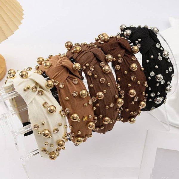 Multi Gold Ball  Rhinestone Knot Headband | OFF WHITE