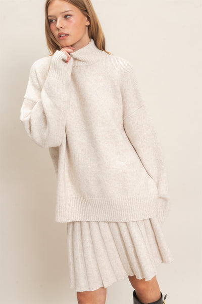 Mock Neck Sweater And Pleated Skirt Set (Ecru)