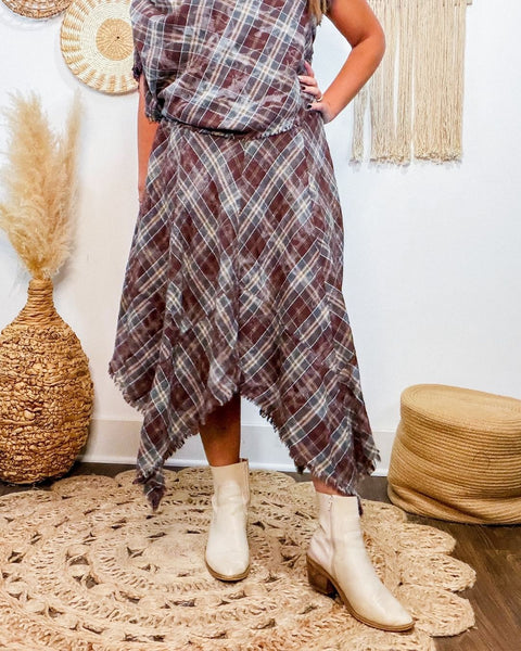 Asymmetrical Frayed Hem Plaid Skirt