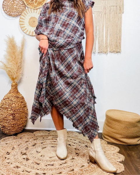 Asymmetrical Frayed Hem Plaid Skirt