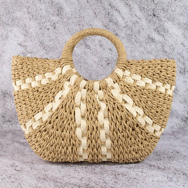 Striped Straw Weave Round Rope Handle Tote Bag: KH