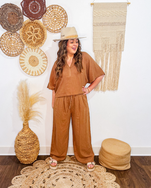 Cabana Linen Popover Collar Top (Rattan)