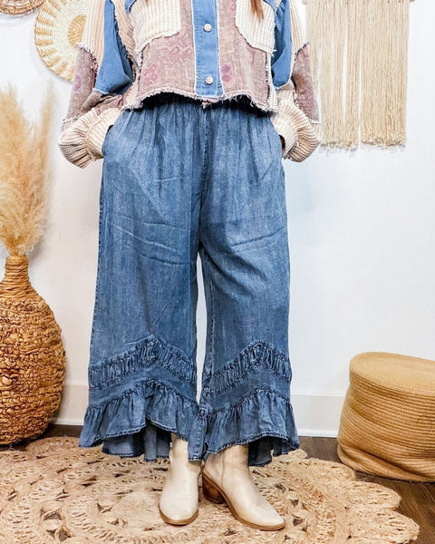 Asymmetrical Wide Leg Ruffle Pants