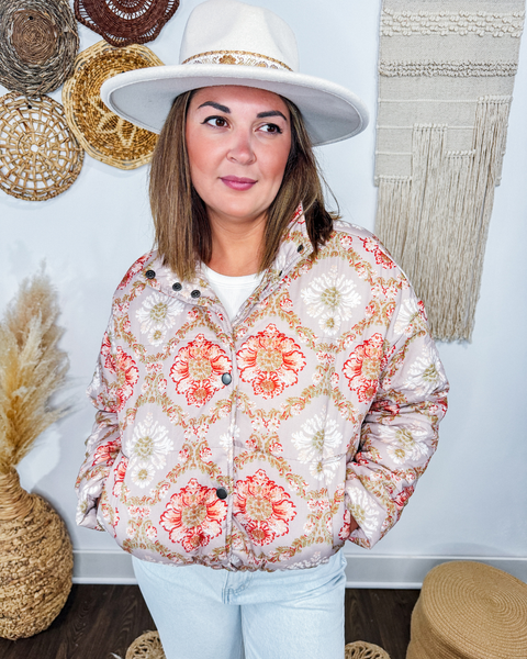 Rustic Bloom Floral Puffer Jacket