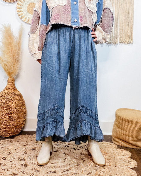 Asymmetrical Wide Leg Ruffle Pants