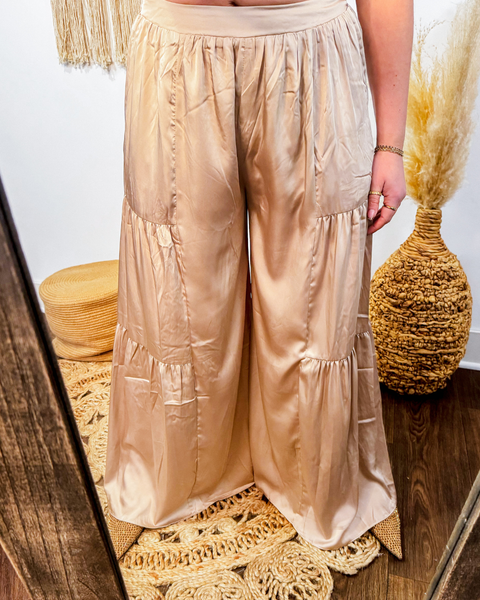 Champagne Glow Side Ruffle Silky Pants (Champagne)