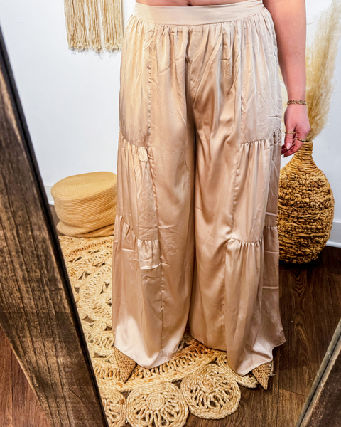 Champagne Glow Side Ruffle Silky Pants (Champagne)
