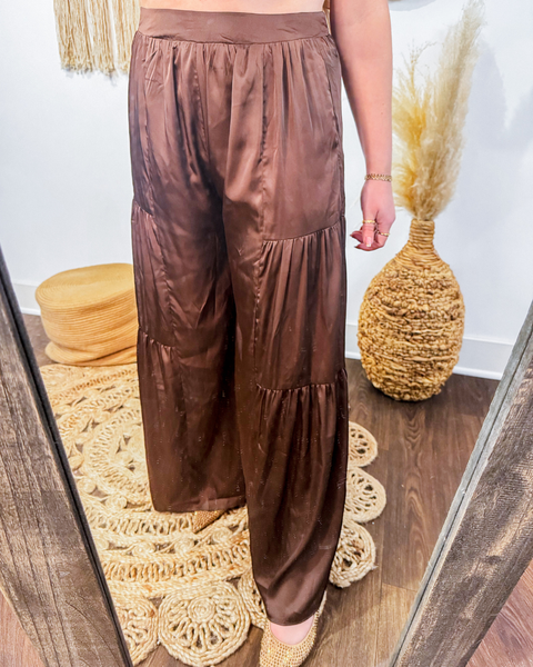 Cocoa Glow Side Ruffle Silky Pants (Dark Oak)