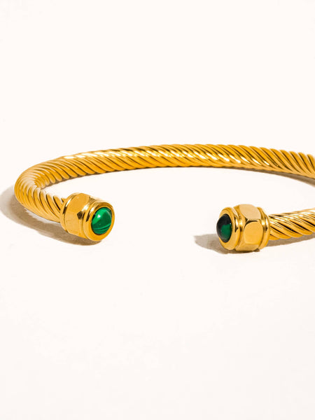 Vail 18K Gold Non-Tarnish Stone Braided Bangle: Green/Gold