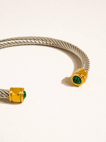 Vail 18K Gold Non-Tarnish Stone Braided Bangle: Green/Silver