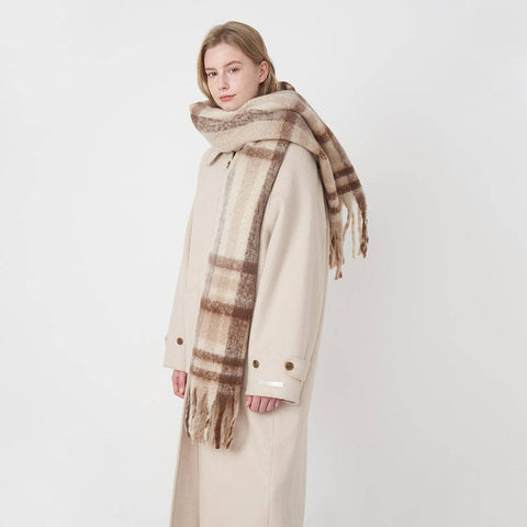 Plaid Tassel Mohair Scarf: Beige