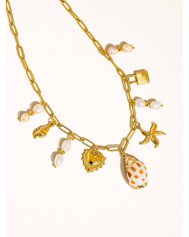 Ophélie 18K Gold Non-Tarnish Shell and Pearl Charm Necklace