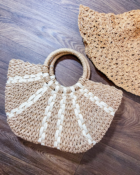 Striped Straw Weave Round Rope Handle Tote Bag: KH