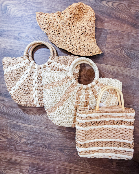 Striped Straw Weave Round Rope Handle Tote Bag: BEI