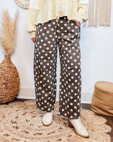 Washed Polka Dot Drawstring Waist Barrel Leg Pants