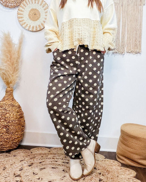 Washed Polka Dot Drawstring Waist Barrel Leg Pants
