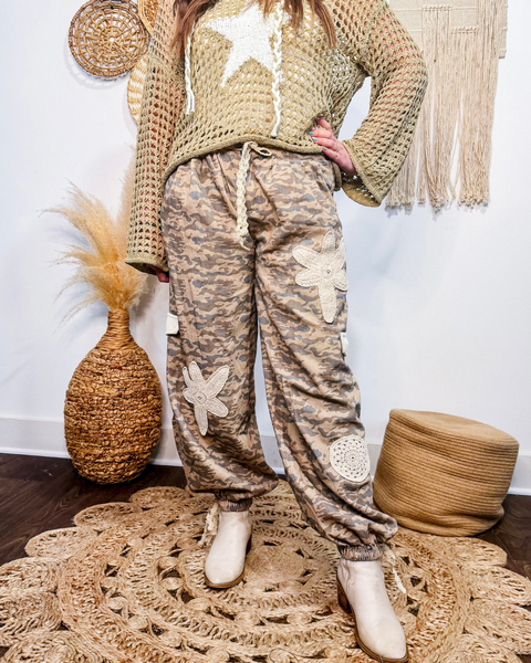 Camo + Crochet Pants