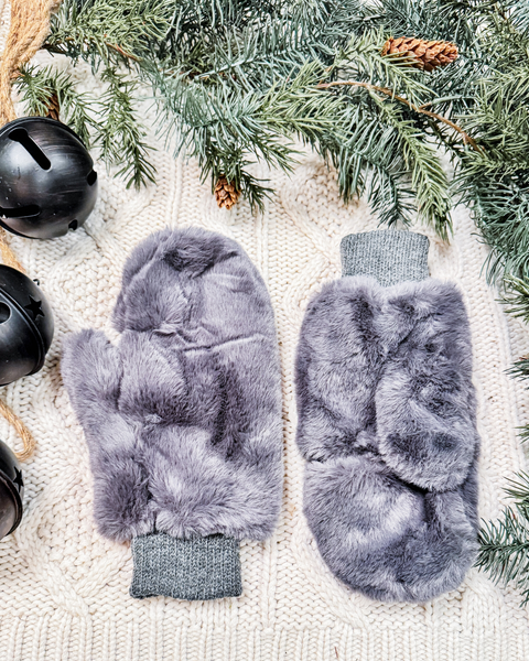 Fuzzy Lined Fur Convertible Mittens: Dark Grey