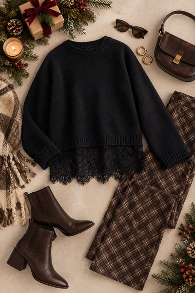 Scalloped Lace Hem Soft Sweater